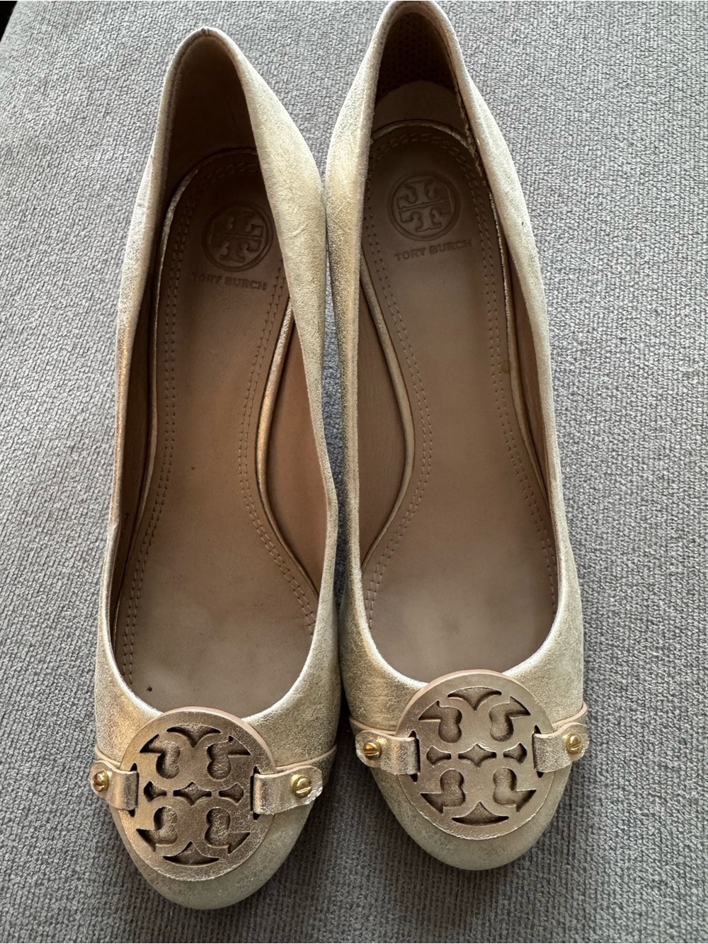 Tory Burch Metallic Champagne Logo Ballet Flats